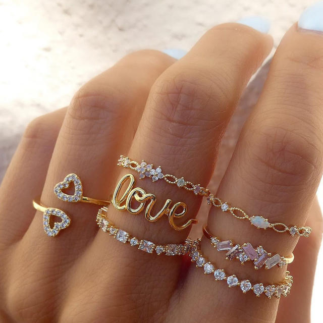 7pcs rhinestone moon star heart alloy stackable rings set