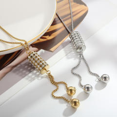 Simple stainless steel gold steel ball necklace fashionable elegant cylindrical long diamond necklace