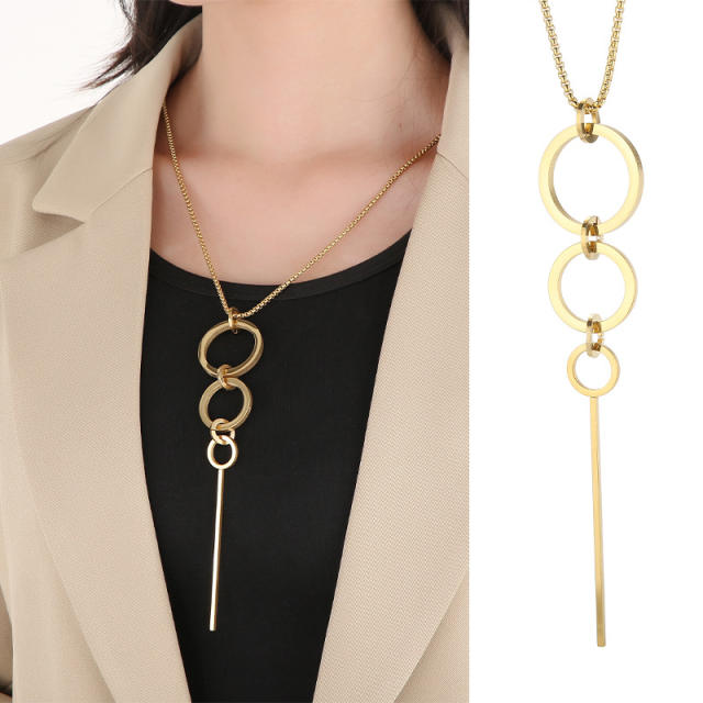Simple hollow circle long necklace titanium steel sweater chain stainless steel necklace