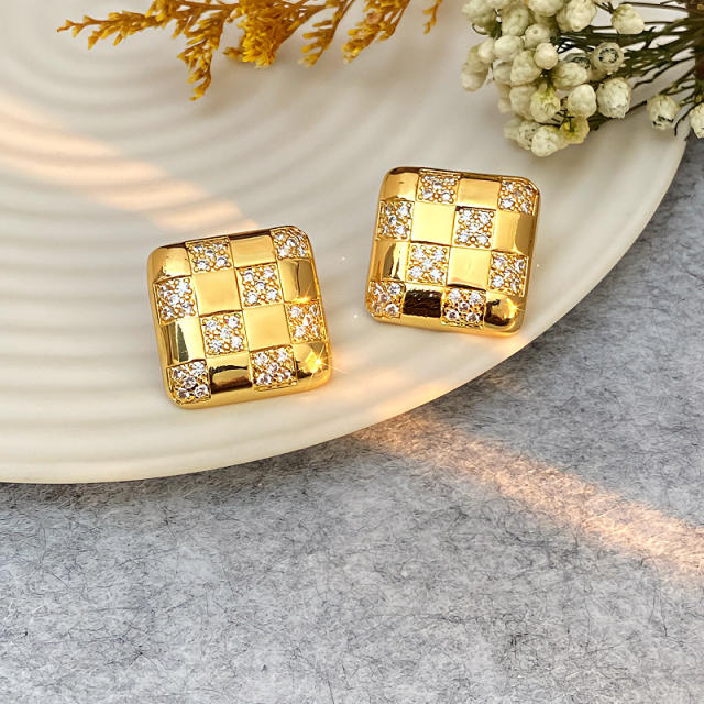 Italey style plaid pattern diamond square studs earrings copper earrings