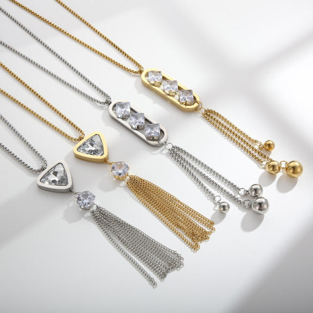 Delicate long tassel zircon titanium steel clavicle chain Women's stainless steel necklace