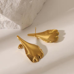 Chunky unique drop leaf patter stainless steel studs earrings