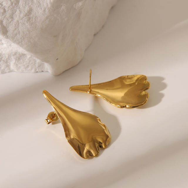 Chunky unique drop leaf patter stainless steel studs earrings