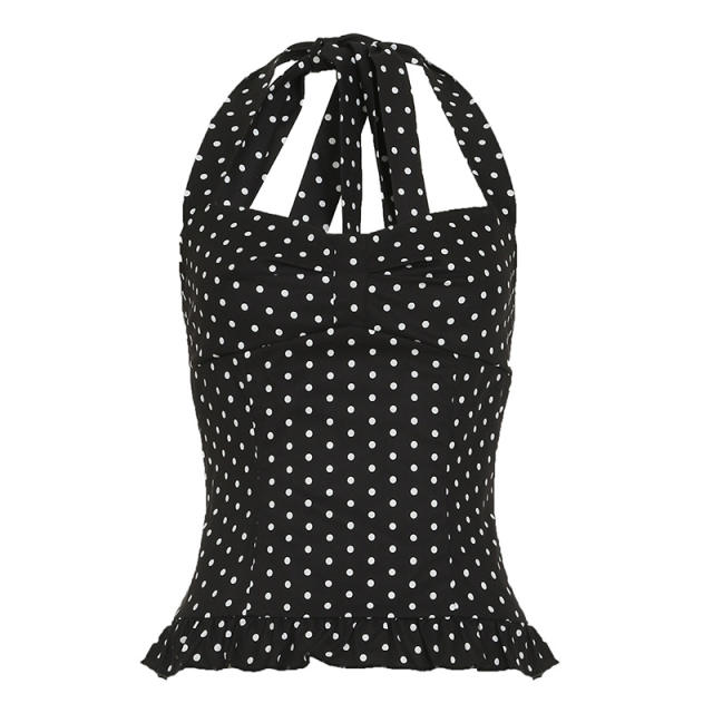 French Style polka Dot Chest Halter Vest Women's Girly V-Collar Waisted Slim Look Hot Girl Top for Summer