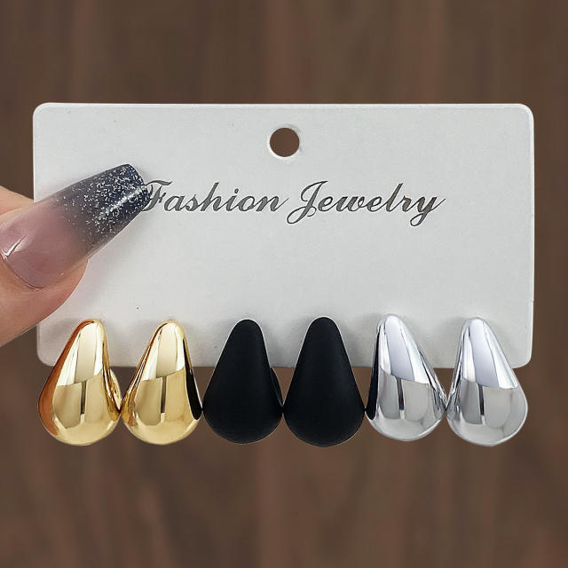 Chunky gold silver black metal earrings set