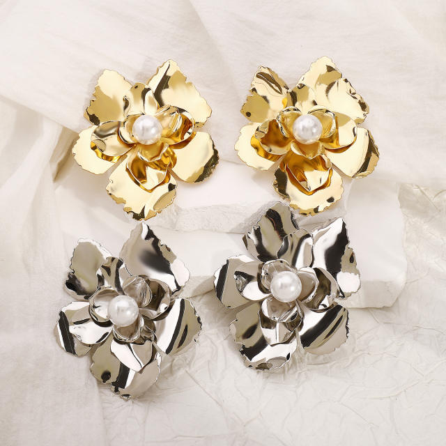 Chunky gold silver metal flower big choker necklace earrings set