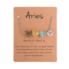 Colorful natural stone zodic charm stainless steel necklace with card