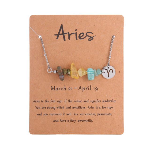 Colorful natural stone zodic charm stainless steel necklace with card