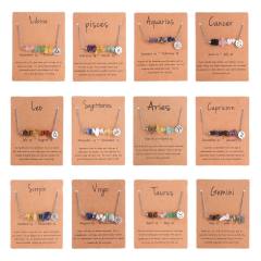 Colorful natural stone zodic charm stainless steel necklace with card