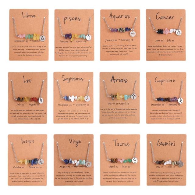 Colorful natural stone zodic charm stainless steel necklace with card