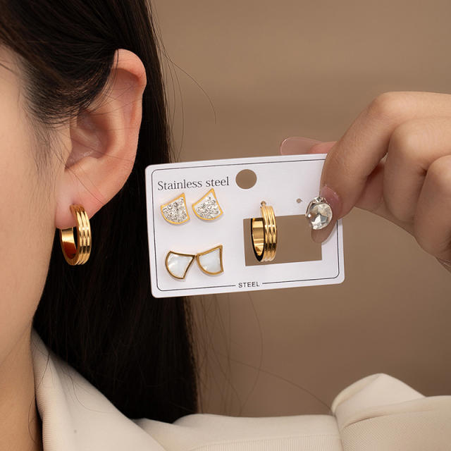 Classic diamond fan stainless steel earrings set