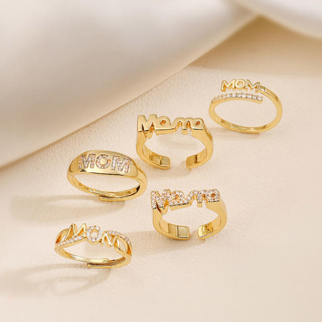 Concise diamond mama letter gold plated copper adjustable rings