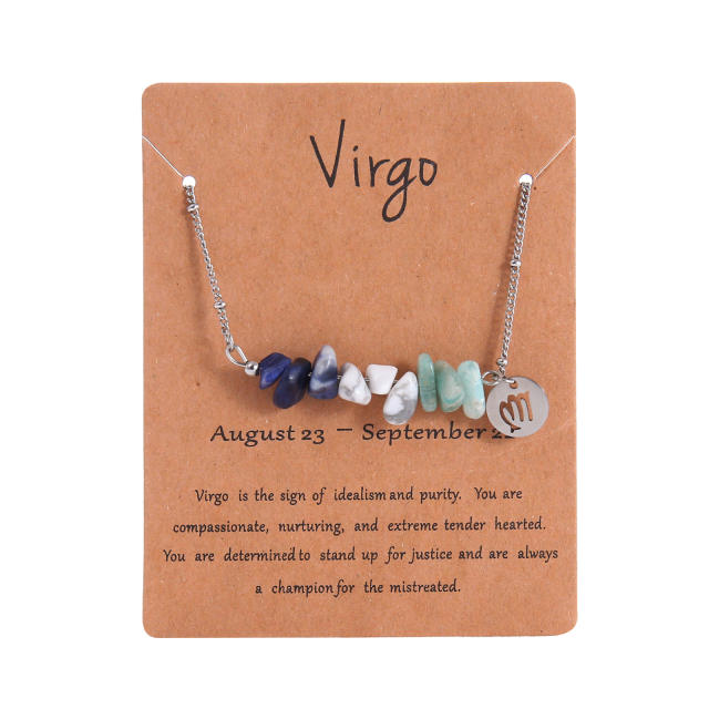 Colorful natural stone zodic charm stainless steel necklace with card
