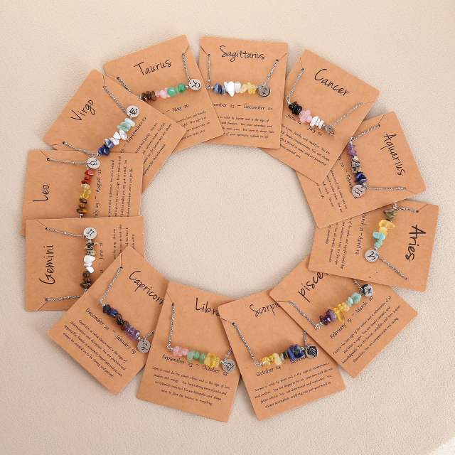 Colorful natural stone zodic charm stainless steel necklace with card