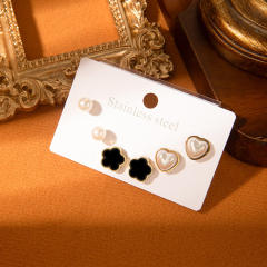 French trend black flower pearl heart stainless steel studs earrings set