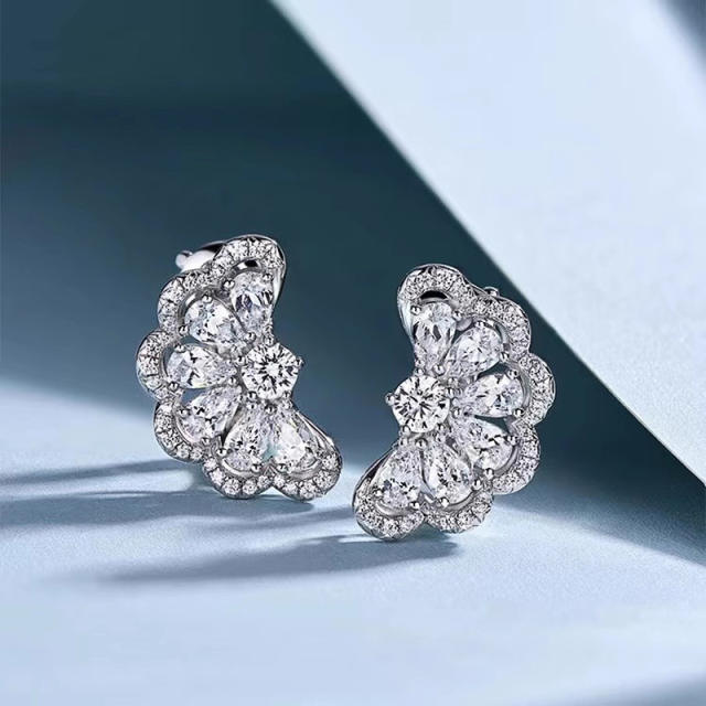 Delicate diamond semicircle flower copper earrings