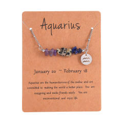 Colorful natural stone zodic charm stainless steel necklace with card