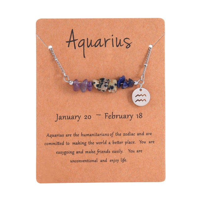 Colorful natural stone zodic charm stainless steel necklace with card