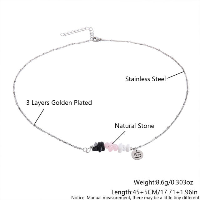 Colorful natural stone zodic charm stainless steel necklace with card