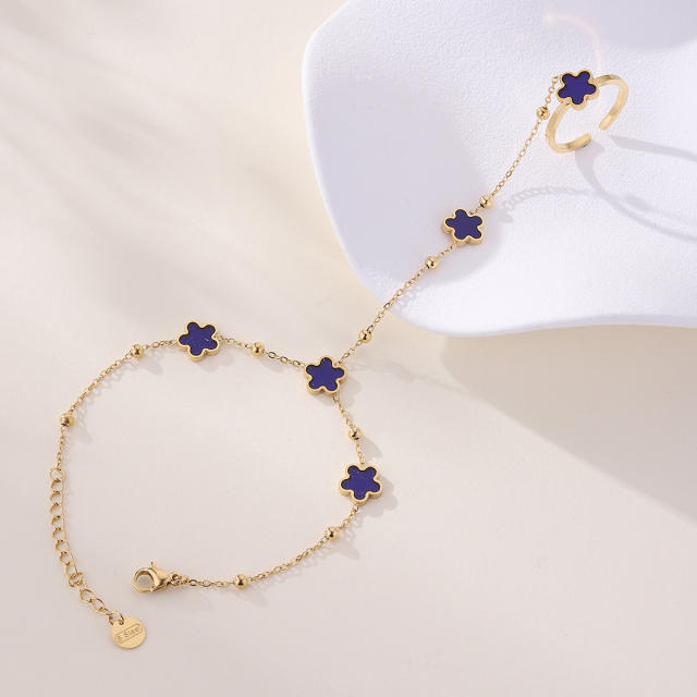 Classic color five petal flower stainless steel ring bracelet