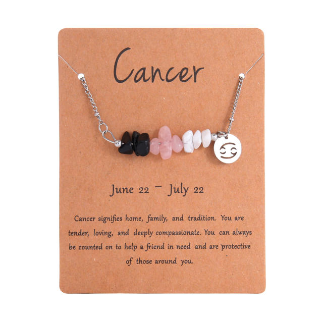 Colorful natural stone zodic charm stainless steel necklace with card