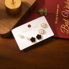 French trend black flower pearl heart stainless steel studs earrings set