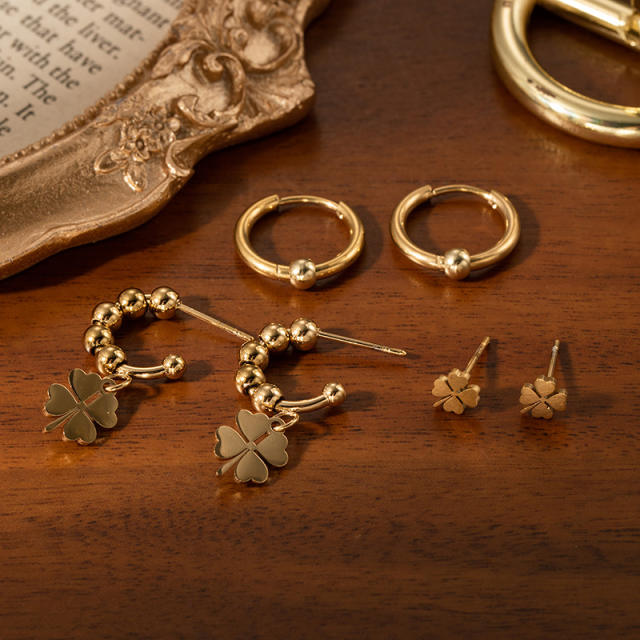 Classic gold color clover bead earrings set stainless steel earrings