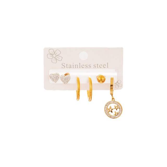 Hollow circle diamodn star heart stainless steel earrings set