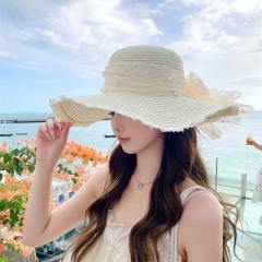 New Sweet Big Bow Sunshade Straw Hat Pearl Edge Fashion Big Brim Sun Hat Outdoor Sun Hat