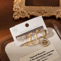 Hollow circle diamodn star heart stainless steel earrings set