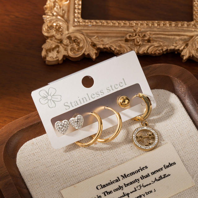Hollow circle diamodn star heart stainless steel earrings set