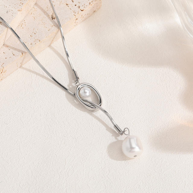 Easy match elegant pearl bead lariet necklace stainless steel long necklace