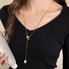 Easy match elegant pearl bead lariet necklace stainless steel long necklace
