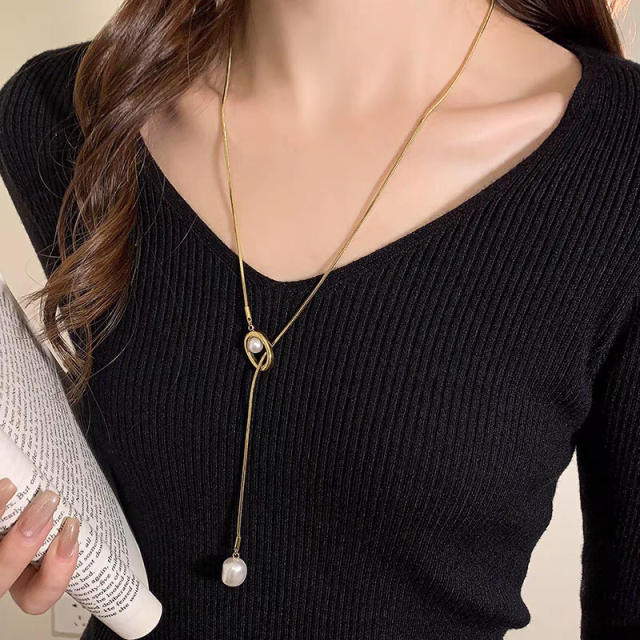 Easy match elegant pearl bead lariet necklace stainless steel long necklace