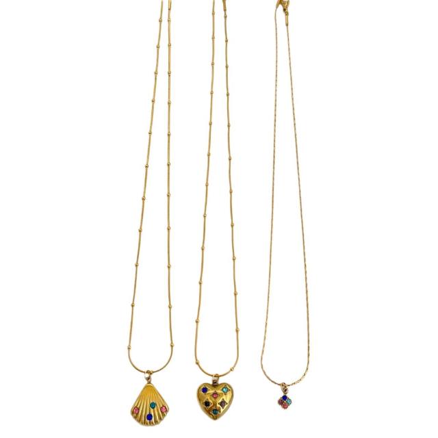 Colorful cubic zircon statement heart shell pendant stainless steel necklace