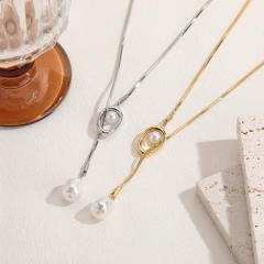 Easy match elegant pearl bead lariet necklace stainless steel long necklace