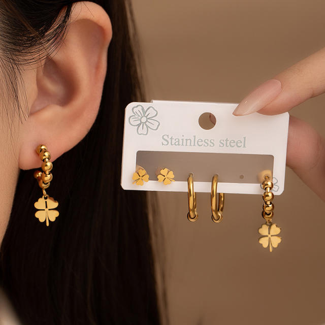 Classic gold color clover bead earrings set stainless steel earrings