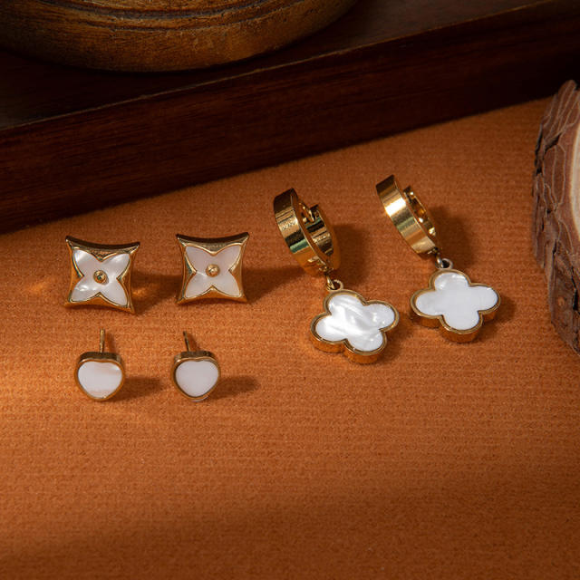 Classic white clover stainless steel earrings set