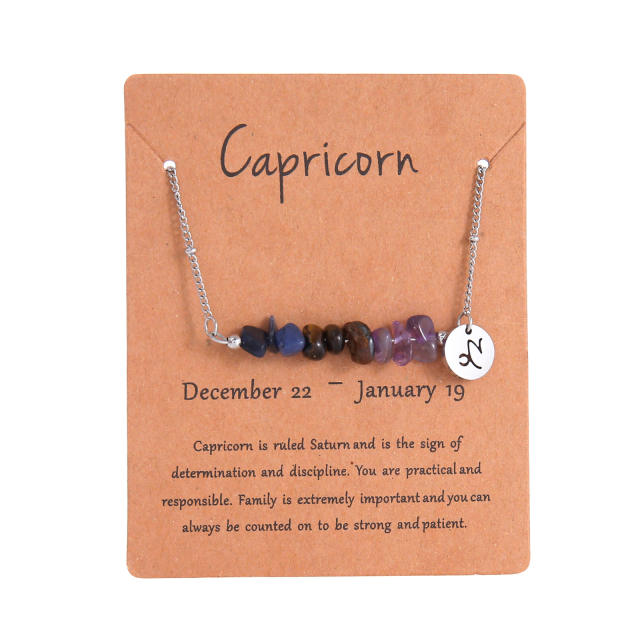 Colorful natural stone zodic charm stainless steel necklace with card