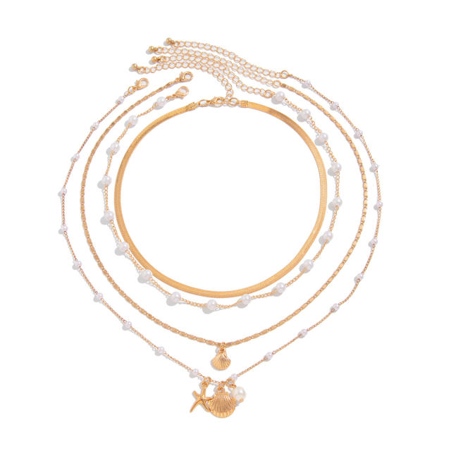 Holiday beach trend imitation pearl bead starfish pendant layer necklace
