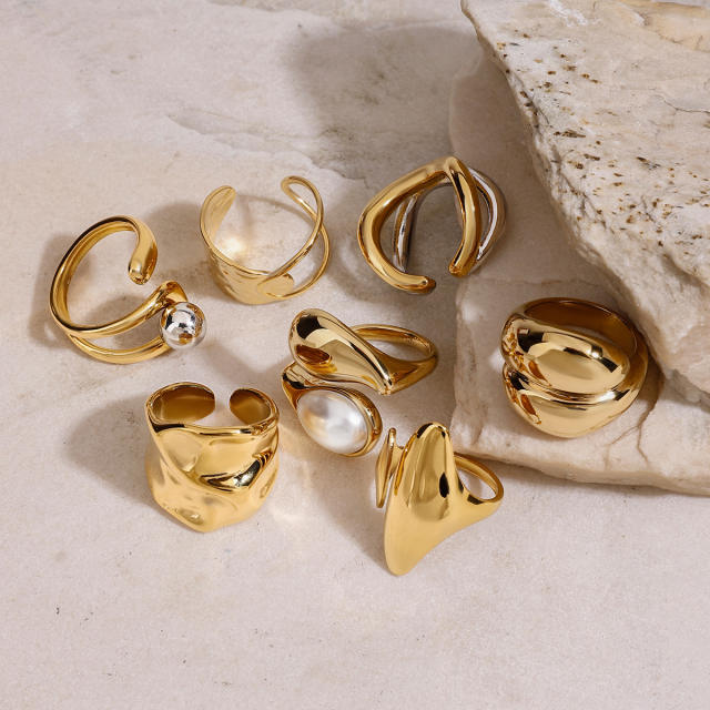 Chunky gold color pearl bead ball bead design stainless steel rings