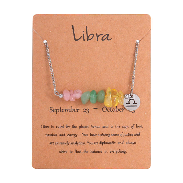 Colorful natural stone zodic charm stainless steel necklace with card