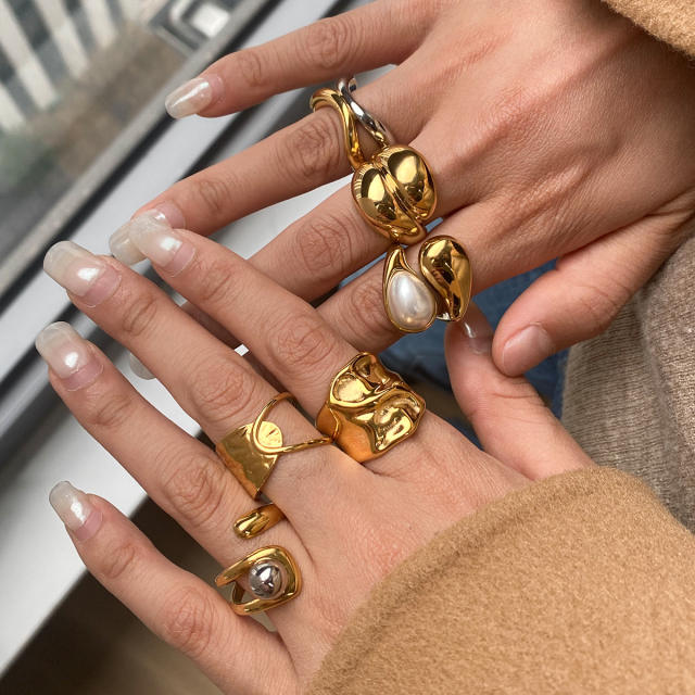 Chunky gold color pearl bead ball bead design stainless steel rings