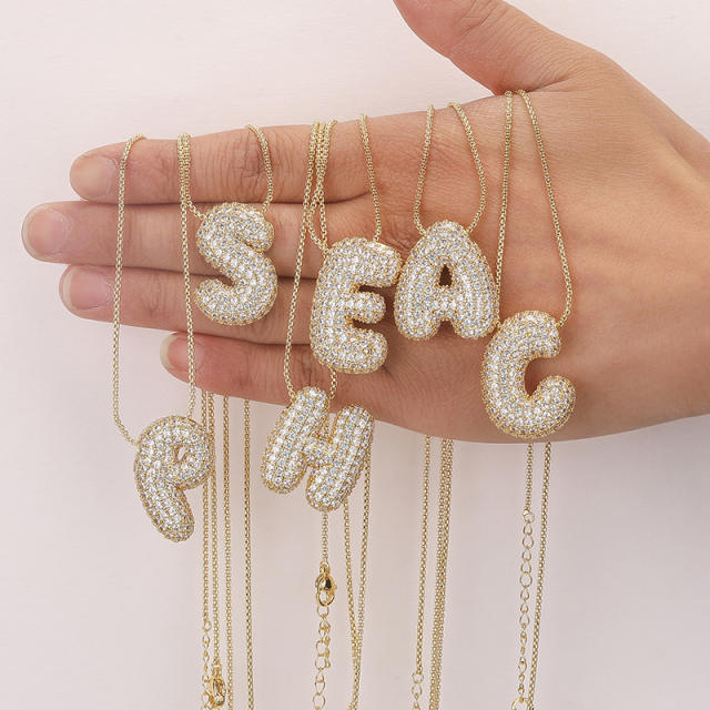 Chunky bubble letter full diamond initial pendant copper necklace