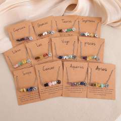 Colorful natural stone zodic charm stainless steel necklace with card