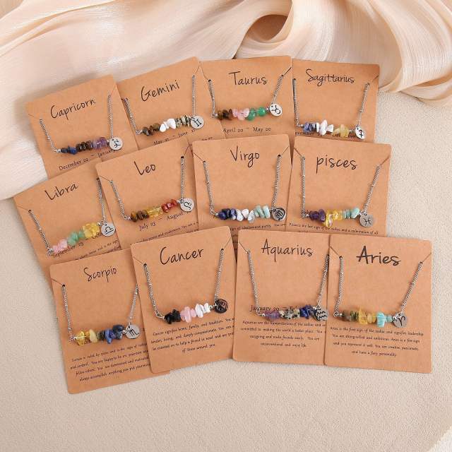 Colorful natural stone zodic charm stainless steel necklace with card