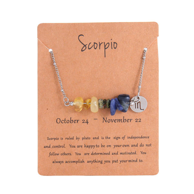 Colorful natural stone zodic charm stainless steel necklace with card