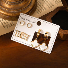 Classic white clover stainless steel earrings set