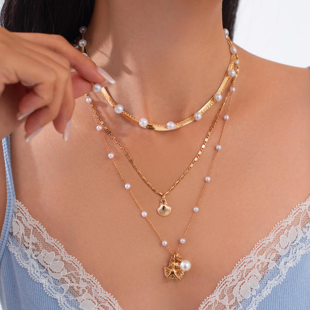 Holiday beach trend imitation pearl bead starfish pendant layer necklace