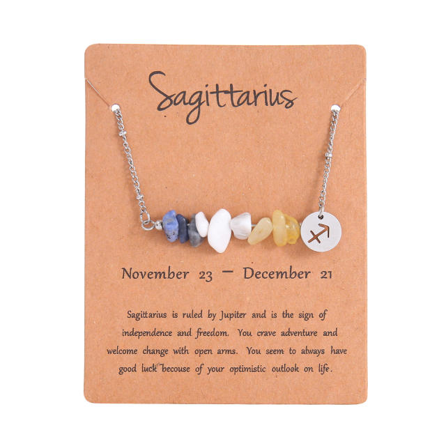 Colorful natural stone zodic charm stainless steel necklace with card